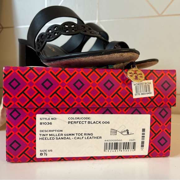 Tory Burch Tiny Miller 55mm Toe Ring Heeled Sandal Black Calf Leather - Picture 8 of 11